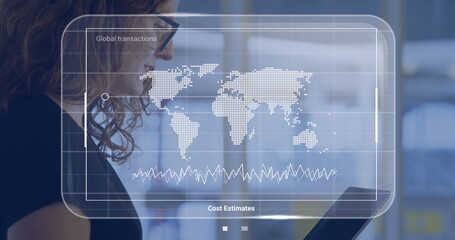 Image of data with world map over caucasian businesswoman with tablet