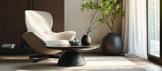 Contemporary chair in a comfortable corner with a round table, fostering a welcoming vibe.