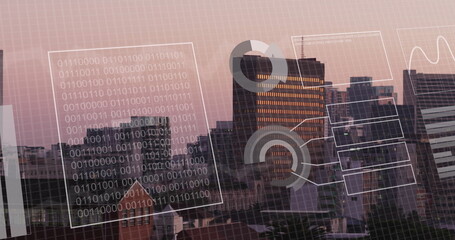 Image of financial data processing over cityscape background