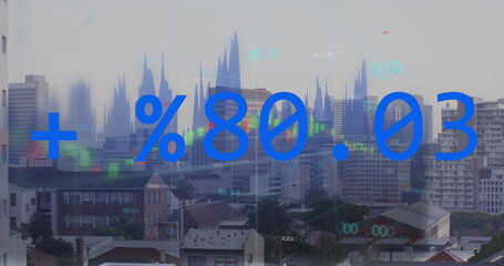 Image of financial data processing over cityscape background