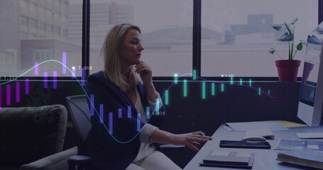 Image of financial data processing over caucasian businesswoman in office