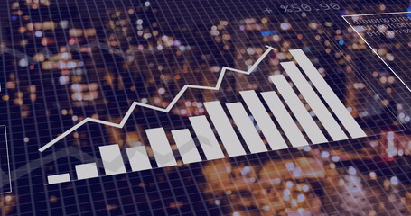 Image of financial data processing over cityscape