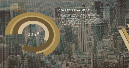 Image of financial data processing over cityscape