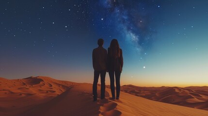 A Young Couple's Silhouette Stands Majestically on a Desert Dune, Embracing the Tranquility of Twilight as They Gaze into the Star-Filled Dawn Sky
