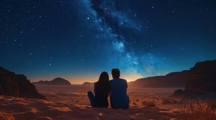 A Young Couple's Silhouette Against the Majestic Twilight Desert, Sitting Together in Serenity, Stargazing at the Magnificent Sky Teeming with Stars