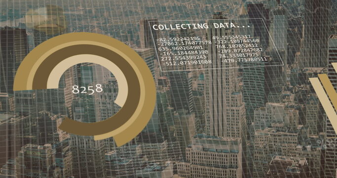 Image of financial data processing over cityscape