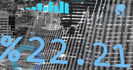 Image of financial data processing over cityscape