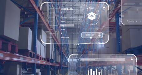 Image of data processing on screens over warehouse