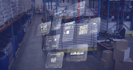 Image of data processing on screens over diverse people working in warehouse