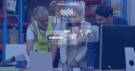 Image of data processing on screens over diverse people working in warehouse