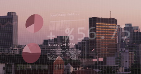 Image of financial data processing over cityscape