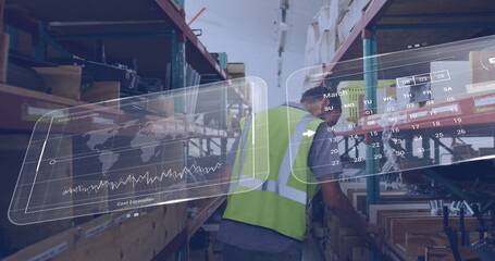 Image of data processing on screens over caucasian man working in warehouse