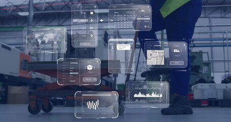 Image of data processing on screens over man working in warehouse