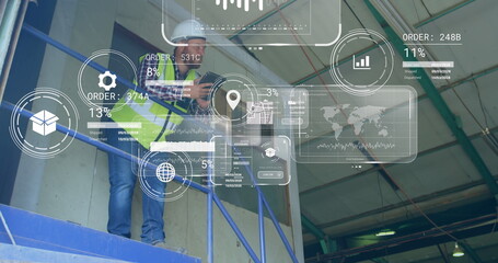 Image of data processing on screens over caucasian man working in warehouse