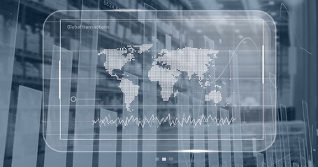 Image of data processing on screen over warehouse