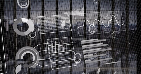 Image of financial data processing over city