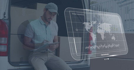 Image of data processing on screen over caucasian delivery man and cardboard boxes