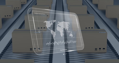 Image of data processing on screen over cardboard boxes