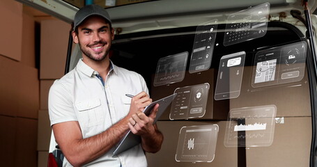 Image of data processing on screens over caucasian delivery man and cardboard boxes