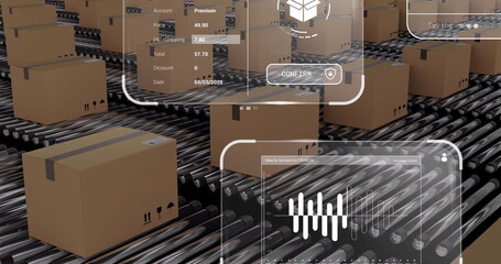 Image of data processing on screens over cardboard boxes on conveyor belts