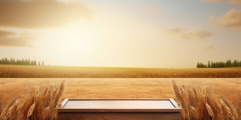 Shavuot-themed design and product display with empty wooden podium on wheat field background. - obrazy, fototapety, plakaty