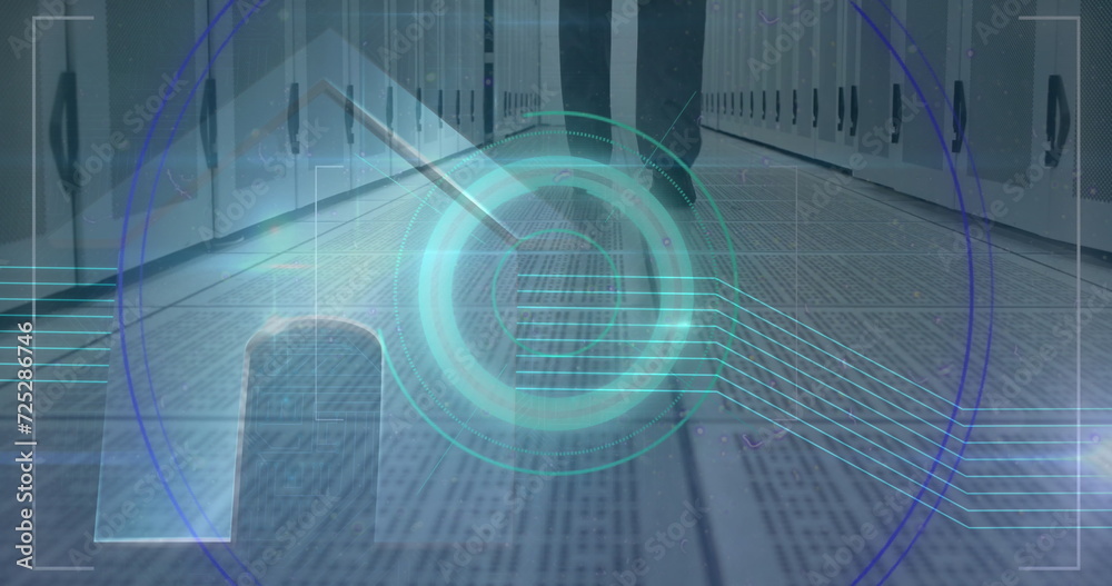 Poster image of scope scanning over man walking in tech room with computer servers in background
