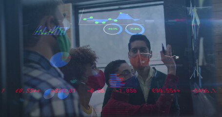 Image of statistics recording over people in office wearing face masks