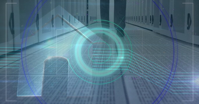 Image of scope scanning over man walking in tech room with computer servers in background