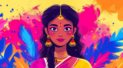 Beautiful young Indian woman illustration with her face painted during the Holi festival in India