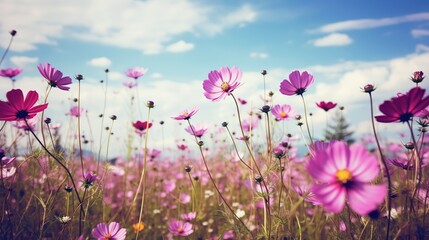 Obraz na płótnie Canvas Purple, pink, red, cosmos flowers in the garden with blue sky and clouds background in vintage style soft focus,generative ai.