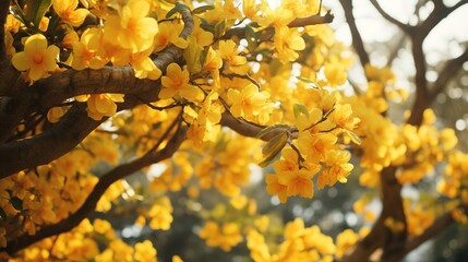 Some beautiful yellow flowers are still attached to the tree ,generative ai