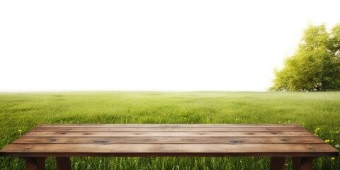 Isolated table on white background, perspective. Large wooden table outdoors in garden on sunny day. Beautiful template with copy space for design.