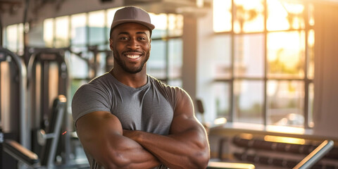 Summer sale gym discount off free deal concept. Fitness African American coach muscled man personal trainer in t-shirt and cap in sport club interior. Getting fit healthy resolutions - obrazy, fototapety, plakaty