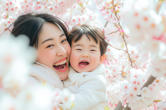 桜の咲く公園でお花見をする親子
