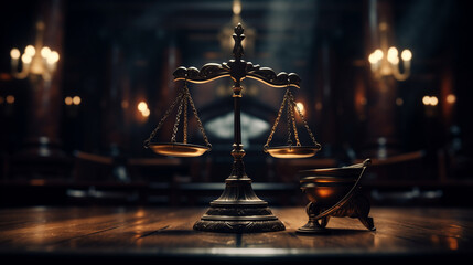Law Legal System Justice Crime concept. Mallet Gavel Hammer and Scales on table, Legal and law concept scales of justice, Bronze figurine of Lady Justice, Generative AI