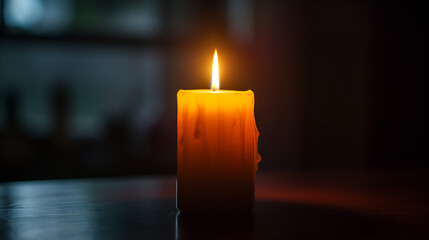 Illuminated orange candle on a dark wooden surface with a warm glow, concept of tranquility, meditation, or memorial remembrance - obrazy, fototapety, plakaty