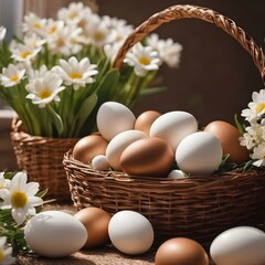 Brown wicker basket full of easter eggs and white flowers in background 