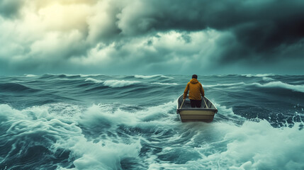 Person in yellow jacket rowing a small boat on tumultuous stormy sea, concept of challenge and perseverance