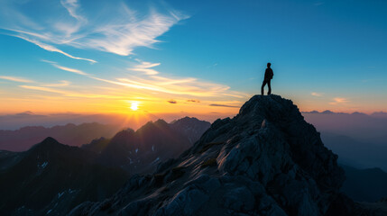 Solo adventurer standing atop a mountain peak during a picturesque sunrise, symbolizing achievement, exploration, and the beauty of nature - obrazy, fototapety, plakaty