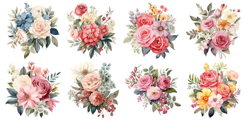 Set of watercolor vintage flowers, Bouquet, Sticker, Ornaments, png, generated ai - obrazy, fototapety, plakaty