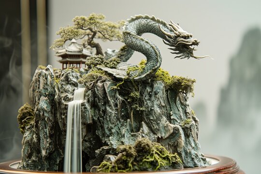 
Picture a serene podium resembling a weathered mountain peak, adorned with moss and cascading streams. A coiled jade dragon sculpture emerges from the base, its scales shimmering with iridescent hues
