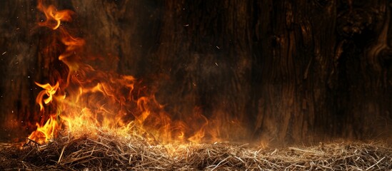 Straw and hay on fire, background tree bark image.