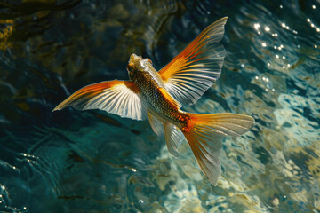 A tropical flying fish as it gracefully hovers just above the water's surface