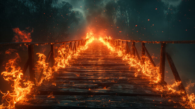 A wooden bridge engulfed in flames with embers and smoke against a dark forested background, depicting danger or disaster concept