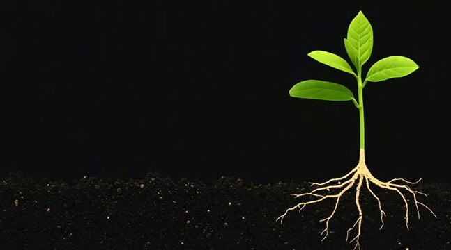 Young seedling growing in rich brown soil with roots Generative AI