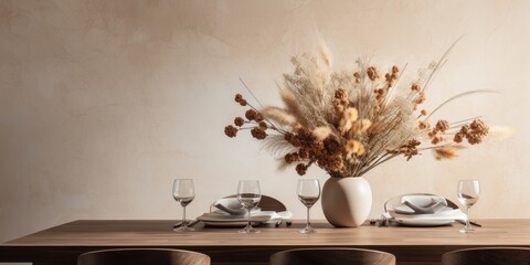 Elegant dining room with stylish decor, dried flower bouquet, and copy space.
