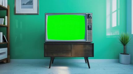 Vintage television with green screen on a mid-century modern stand in a minimalist living room setting with natural lighting