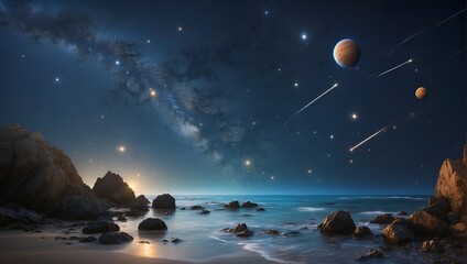 A group of stars appears in the sky above the planets