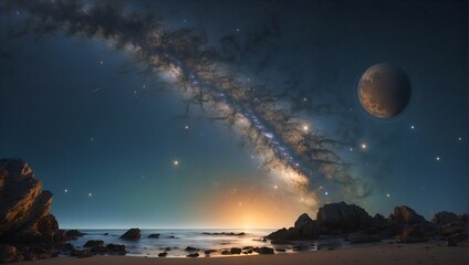 A group of stars appears in the sky above the planets