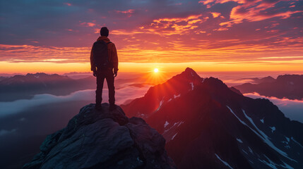 Fototapeta premium Solo hiker on mountain peak at sunrise with vibrant skies, depicting adventure, exploration, and the beauty of nature